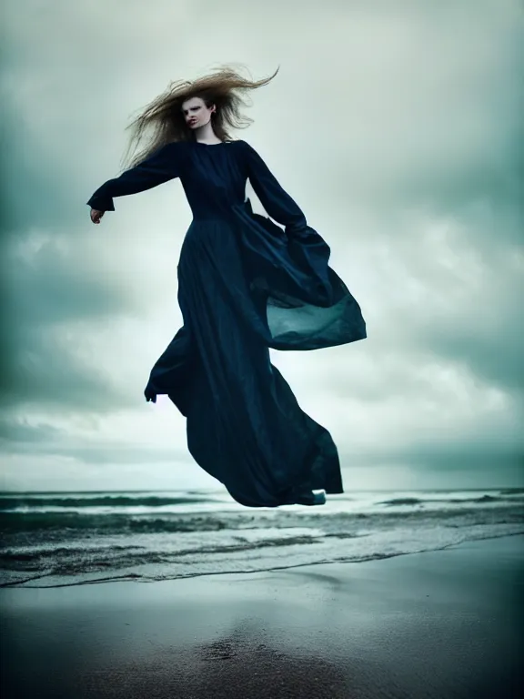 Prompt: cinestill 5 0 d photography of a woman britt marling 3 / 4 style of paolo roversi, dress in voile, hair like dark clouds floating on air, mute dramatic colours, soft blur outdoor stormy sea background, volumetric lighting, hyperdetailed, hyperrealistic