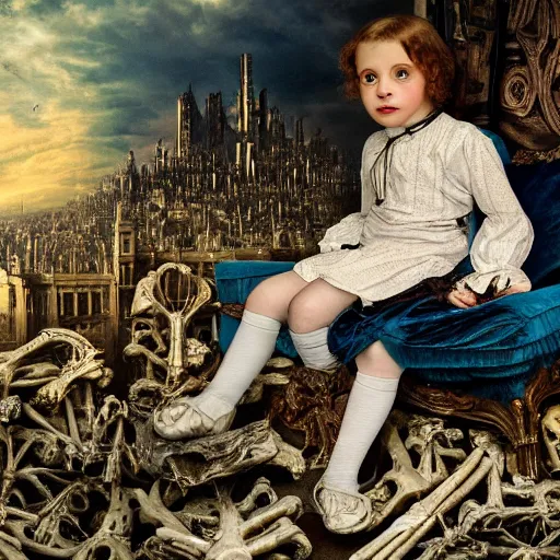 Prompt: a color photo of young sad victorian gothic child with big eyes and wide grin sitting on a sofa of bones surrounded by a cyber futuristic cityscape made of human body parts, ultra detailed, 8 k resolution, beautiful lighting, expansive detailed layered city, landscape, sigma 8 5 mm, award winning photography, perfect faces