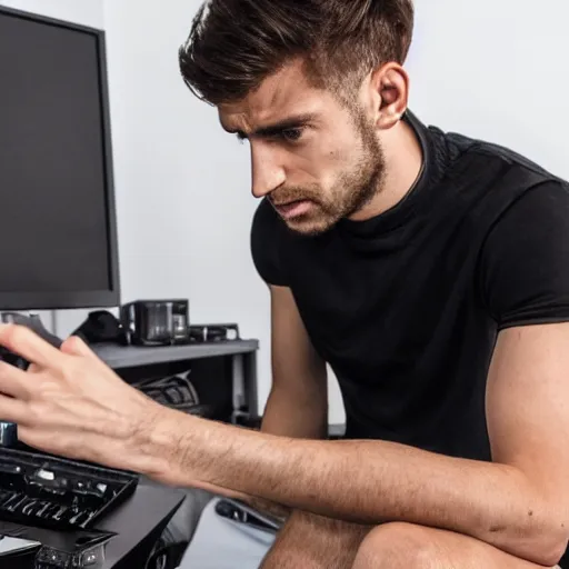 Image similar to handsome Portuguese-British male twitch streamer looking angrily at his expensive studio mic which isn't working, 4k