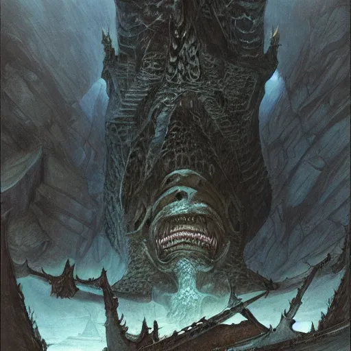 Image similar to artwork by john howe of the ruthless cavern leviathan