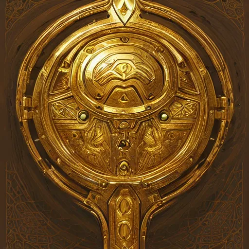 Image similar to mechanical gold shield, intricate, elegant, highly detailed, lifelike, digital painting, artstation, illustration, smooth, sharp focus, art by scott davidson, albert aublet, krenz cushart, artem demura, mucha