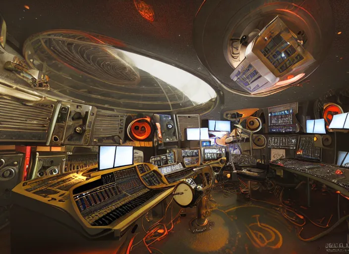 Prompt: a space station recording studio filled with strange surrealist detailed alien electronic and acoustic musical-instruments!! with blinking LEDs and oscilloscopes on screens in detailed alien interiors, backlit fog, designed by Larry Elmore Kerlaft and Pixar, photorealistic, 3d render, award winning render, unreal engine, octane render, studio lighting, 8k, hd