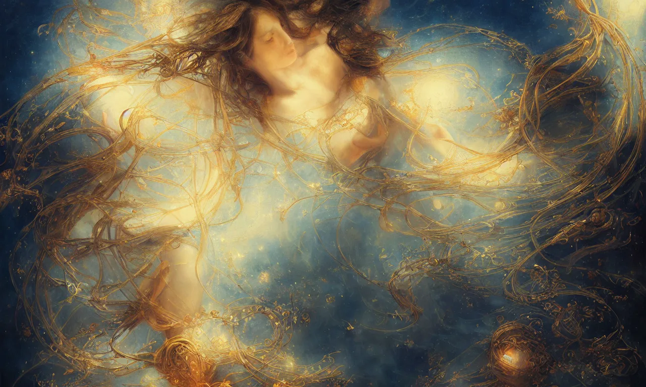 Prompt: breathtaking detailed painting of entangled golden art nouveau ribbons, by ayami kojima, ruan jia and brom, cosmos and nebulae sky with fireflies, 8 k, concept art, matte, sharp focus, rembrandt style