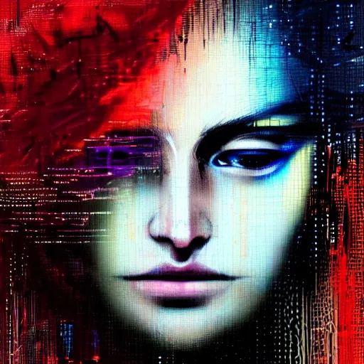 Prompt: hyperrealistic portrait of a mysterious cyberpunk woman with flowing hair, by Guy Denning, Johannes Itten, Russ Mills, beautiful, elusive, glitch art, hacking effects, glitch effects, digital tech effects, cybernetics, detailed lines, holographic, chromatic, clear, color blocking, digital painting, octane, concept art, abstract, red face, 8k, trending on cgsociety, trending on artstation