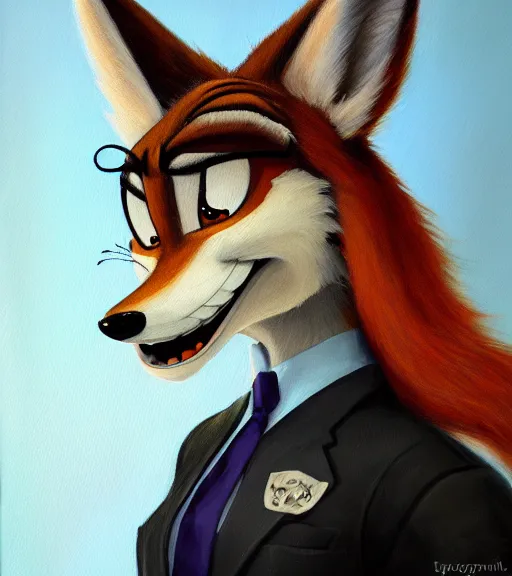 Image similar to oil painting of detailed full body of anthromorphic female wolf, in style of zootopia, zootopia, zootopia, fursona, furry, furaffinity, 4 k, deviantart, furry art, fursona art, wearing black business suit, business suit, in style of zootopia, wolf fursona, cyberpunk, female, expressive detailed feminine face,