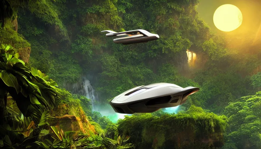 Image similar to a distant futuristic scifi flying car floating in a prehistoric jungle cave, lush flora, waterfall, sunset, hazy, volumetric lighting, rtx on, photorealistic render, great composition, very detailed