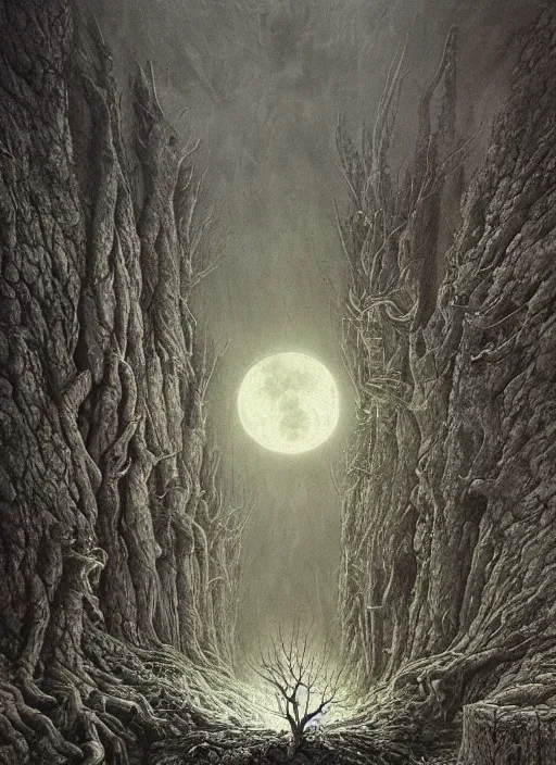 Image similar to a dramatic matte painting of The Tomb in the dystopian landscape is opening through the ground, the dead has arisen under the glowing moon, dead trees and a brooding landscape by Giger and Dariusz Zawadzki and Beksinski