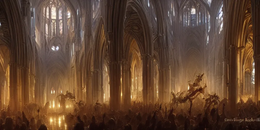 Image similar to dancing in a cathedral, superwide angle, D&D, fantasy, intricate, cinematic lighting, highly detailed, digital painting, artstation, concept art, smooth, sharp focus, illustration, art by Greg Rutkowski