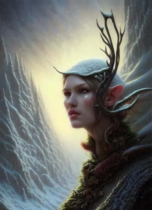 Prompt: portrait shot of a snow elf in a scenic dystopian environment, intricate, elegant, highly detailed, centered, digital painting, artstation, concept art, smooth, sharp focus, illustration, artgerm, tomasz alen kopera, peter mohrbacher, donato giancola, joseph christian leyendecker, wlop, boris vallejo