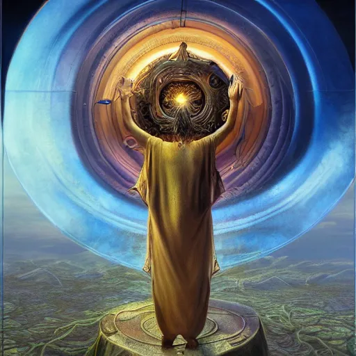 Image similar to The portal master tarot card by Tomasz Alen Kopera and Salvador Dali and moebius, impressive perspective, seen from above, masterpiece, 8k, dynamic lighting, Highly Detailed, trending on artstation