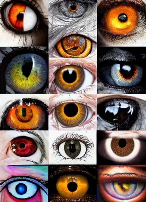 Image similar to diverse eyes!, dot pupils, round pupil, happy human eyes, round iris, advanced art, art styles mix, from wikipedia, grid of styles, various eye shapes