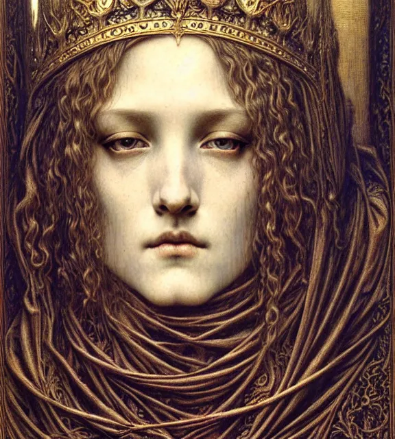 Image similar to detailed realistic beautiful young medieval queen face portrait by jean delville, gustave dore and marco mazzoni, art nouveau, symbolist, visionary, gothic, pre - raphaelite. horizontal symmetry