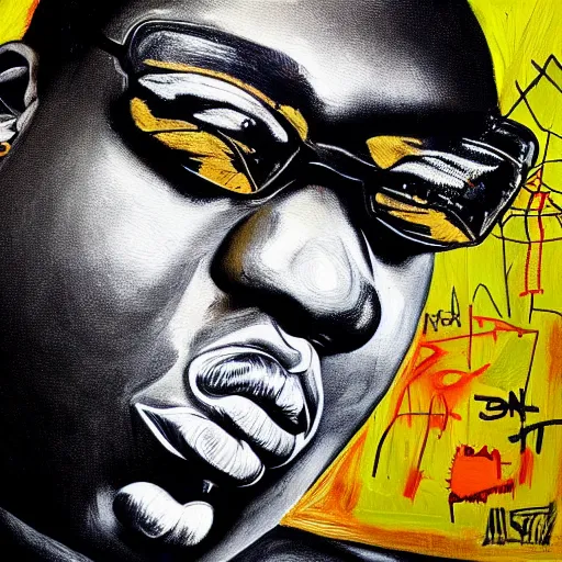 Prompt: a painting of a hyper realistic biggie smalls, art by basquiat, intricate, ultra detailed, photorealistic, black and gold colors, dark background trending on artstation