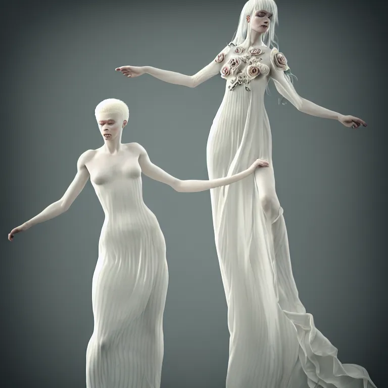 Image similar to alone with herself wonderful symmetrical beautiful albino goddess with a beautiful porcelain body dressed with a majestic semi transparent silk cream roses long dress, hightly ornate, intricate, detailed, dramatic light, award winning, octane render, meredit frampton style