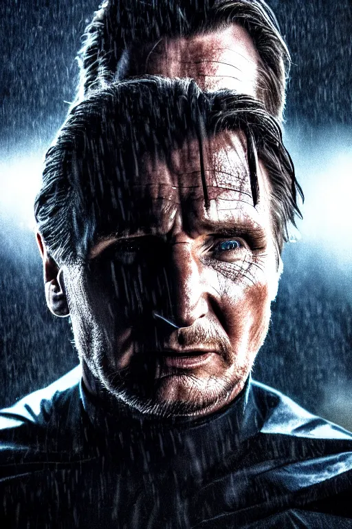 Image similar to cinematic of liam neeson batman, dramatic rain, 8 k, moody lighting