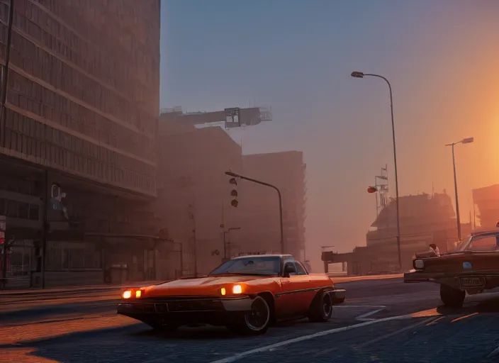 Image similar to gta in moscow, playstation 5 screenshot, mega details, golden hour, orange lights, fog, beautiful rtx reflections, brutalism buildings, photorealistic, unreal engine 5, octane render, volumetric light, cg society, 4 k, bokeh, lada car, artstation