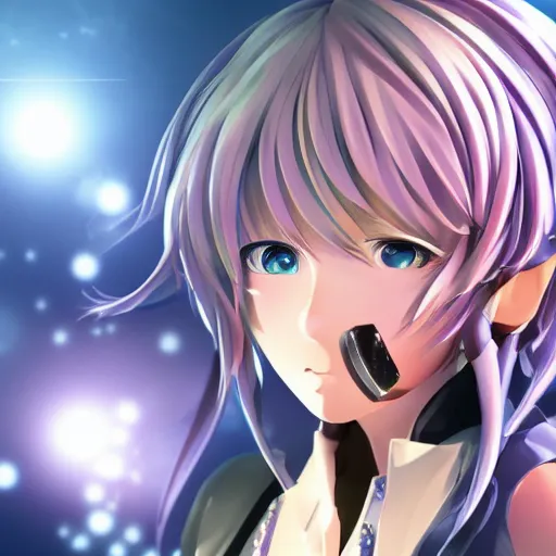Image similar to High definition professional photograph of vocaloid, beautifully detailed and lights. Highly detailed and pretty face and eyes