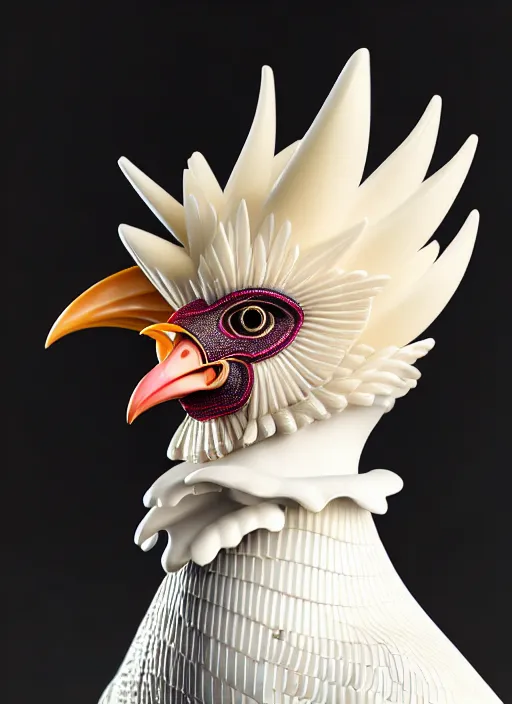 Image similar to hyper detailed ultra sharp portrait of a beautiful fashionable porcelain ivory cyberpunk scifi rooster, well contoured smooth colorful feathers, up close shot, sharp focus, global illumination, radiant light, black haute couture, alexandre ferra, irakli nadar, octane render, 4 k, ultra hd,