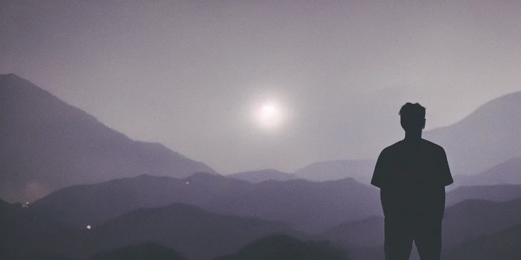 Prompt: Film still. Silhouette of young man. From behind. Centered. At night. Hills in the distance. Red fireworks far off in the sky. Cinematic lighting.