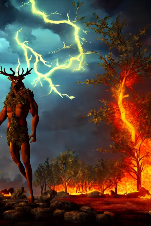 Prompt: Cernunnos standing in front of a city on fire, photo-realistic, 4k, highly detailed, octane render, dramatic lightning, by El Greco,