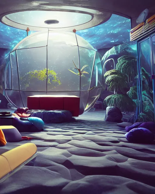 Image similar to artstation scifi scene of a safe room as ikea ad, lounge furniture, carpeted floor, sky mural on the room ceiling, holographic nature art walls, large terrarium, paneled walls, unreal engine 5, hyper realism, realistic shading, cinematic composition, blender render, octane render, hdr, detailed textures, photorealistic, wide shot