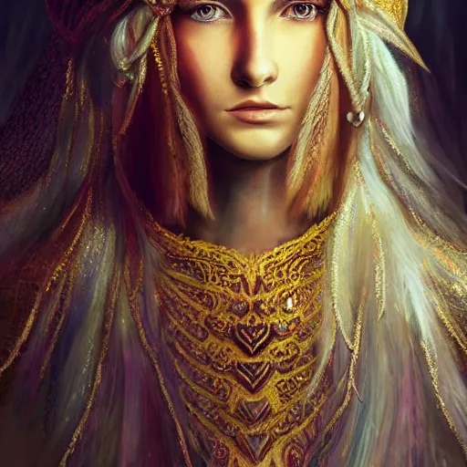 Image similar to highly detailed sharp photorealistic portrait of a beautiful lithuanian female priestess with shimmering hair, symmetrical face and eyes, dressed in intricate flowing silk, the silky cloth lined with golden glowing letters, cgsociety, Elden Ring, Dark Souls, Bloodborne H 640