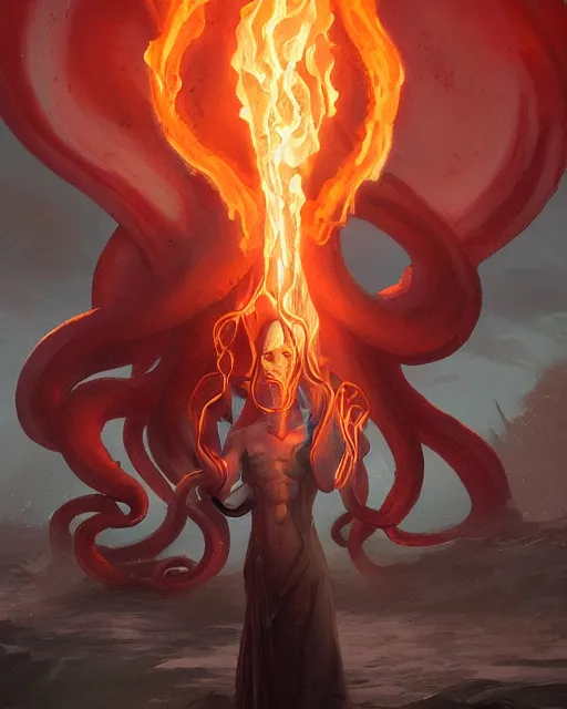 Prompt: tentacled [ squidward ], detailed face, wearing fire nation clothing and practicing firebending outside at susnset, [ greg rutkowski ]