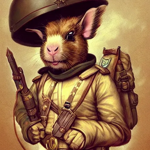 Image similar to cute little anthropomorphic Guinea Pig ww1 soldier, tiny, small, short, military outfit, cute and adorable, pretty, beautiful, DnD character art portrait, matte fantasy painting, DeviantArt Artstation, by Jason Felix by Steve Argyle by Tyler Jacobson by Peter Mohrbacher, cinema