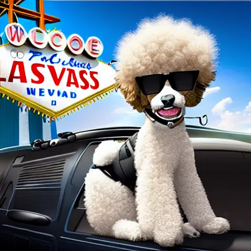 Image similar to fluffy poodle [ [ sticking its head out of the window ] ]!!, driving a cybertruck in las vegas, [ digital art ]!!, trending on cgsociety