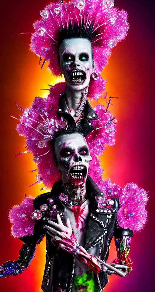 Prompt: action shot of a punk rock zombie with multicolored skin and pink crystal mohawk, red leather jacket, transparent anatomical model, covered in flowers and glitter, digital art, octane render, fantasy, cartoonish, cinematic lighting, photograph by pierre et gilles