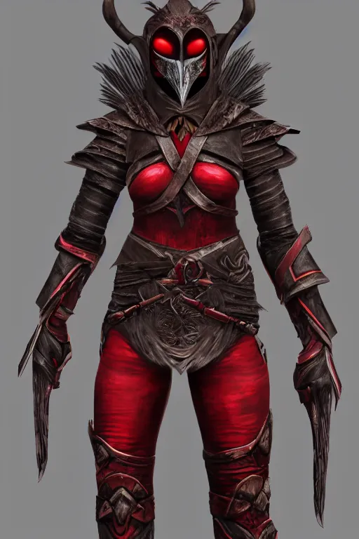 Image similar to female adventurer in tight full - body ebony leather armor of dunmer design with dark red cloth underneath and with a red porcelain crow mask, trending in artstation, establishing shot