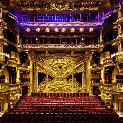 Image similar to high quality, high detail, vienna operahouse interior, burning jungle set design, photorealistic lighting