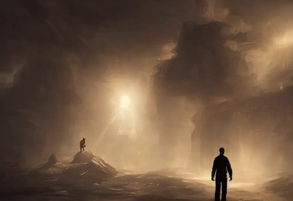 Prompt: concept art of tiny man in front of giant, volumetric lighting, cinematic, masterpiece, artstation