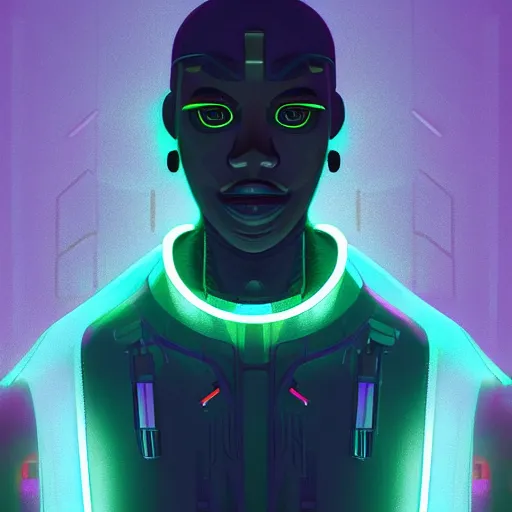 Image similar to Beeple art of a beautiful black male cyborg, neon cyberpunk