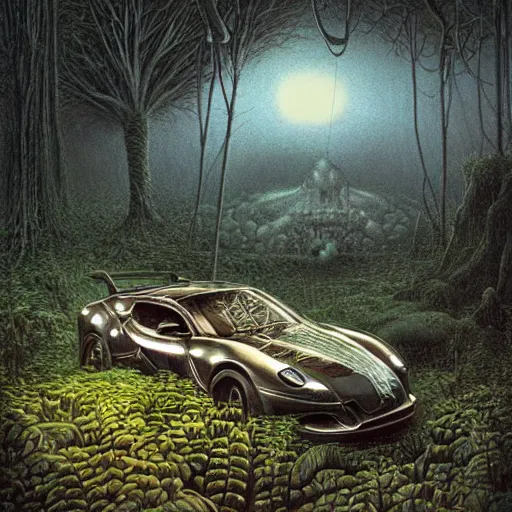 Image similar to a hyperrealistic painting of an exotic sports car in the middle of an alien jungle, bioluminescent plants, by john kenn mortensen and zdzislaw beksinski, highly detailed, vivid color,