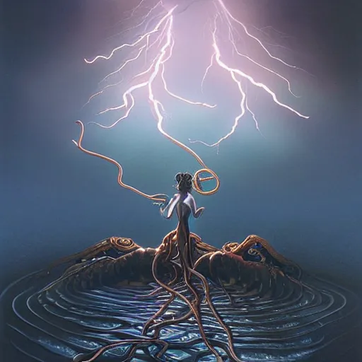 Image similar to An amorphic being with tentacles of liquid reflective copper and chrome emerges from the dark surreal ether, mist amidst lightning, high contrast lighting, backlit by Michael Whelan