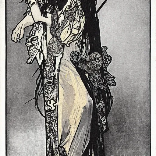 Image similar to punk, painted by alphonse mucha