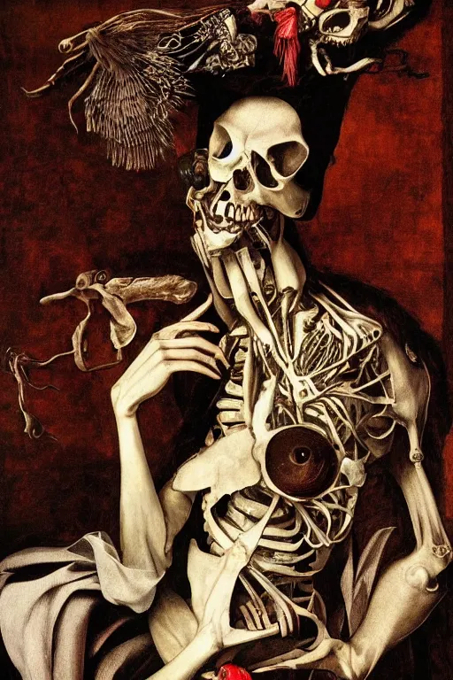 Image similar to Detailed maximalist portrait with large lips and with large eyes, sad expression, skeletal, HD mixed media, 3D collage, highly detailed and intricate illustration in the style of Caravaggio, dark art, baroque