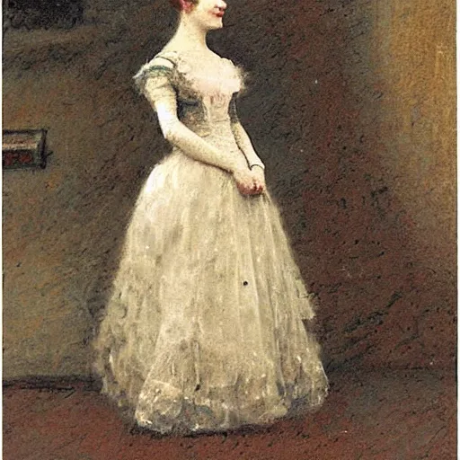 Prompt: young victorian lady in ball gown, a little card and pencil in hand, painted by alfred stevens