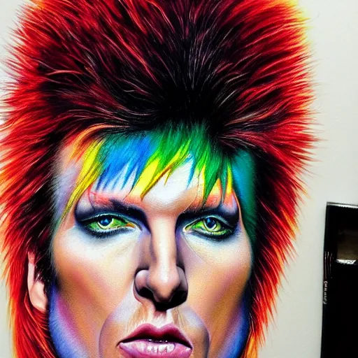 Prompt: Caricature portraits done of Ziggy Stardust, realistic, hyperrealistic, very realistic, highly detailed, very detailed, extremely detailed, detailed, oil painting, digital art, trending on artstation