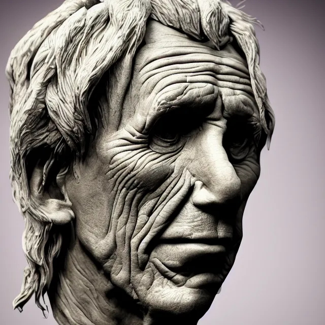 Image similar to photography of a bust of Keith Richards made of clay by Sebastian Kruger and Michelangelo, wrinkles, 50mm, studio atmosphere, 8K, rim light, octane render, ultra-realistic
