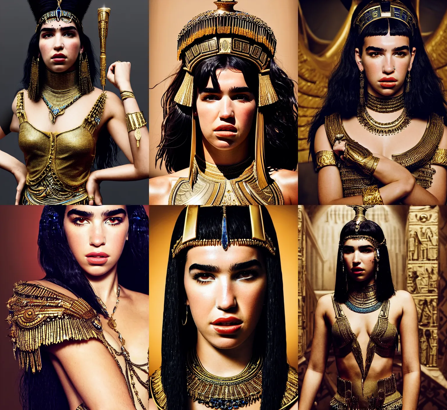 Prompt: portrait of dua lipa as cleopatra!, intricate, elegant, highly detailed, glamor pose, concept art, smooth, sharp focus, promotional image, detailed face, movie still frame