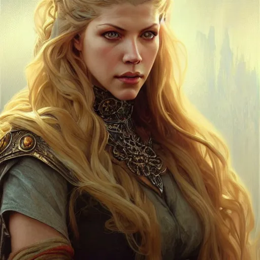 Image similar to beautiful Katheryn Winnick, western, closeup, D&D, fantasy, intricate, elegant, highly detailed, digital painting, artstation, concept art, matte, sharp focus, illustration, art by Artgerm and Greg Rutkowski and Alphonse Mucha