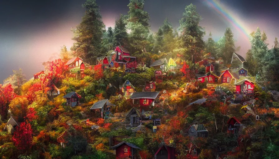 Prompt: of a beautiful big Hyperrealistic glass castle made of red diamonds on top of a hill in the middle of a dark and creepy forest with little rainbow colored shack houses scattered along the lower valley region, macro lens, highly detailed, digital painting, trending artstation, concept art, illustration, cinematic lighting, vibrant colors, photorealism, epic, octane render