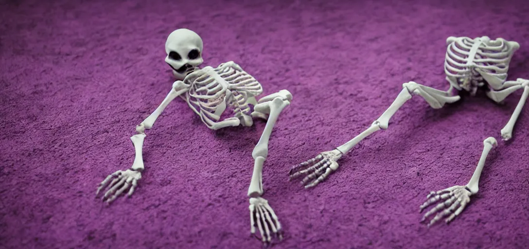 Image similar to the skeleton lies on the ground in front of the computer, magenta and blue, dof, neon