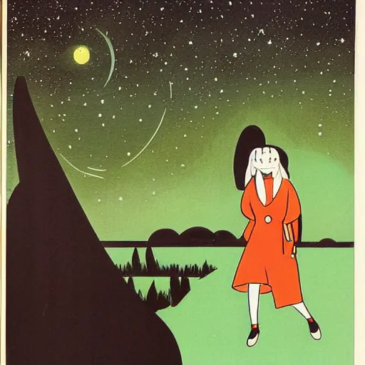 Image similar to ikea manual by osamu tezuka. a beautiful illustration of a woman with long flowing hair, wild animals, & a dark, starry night sky.