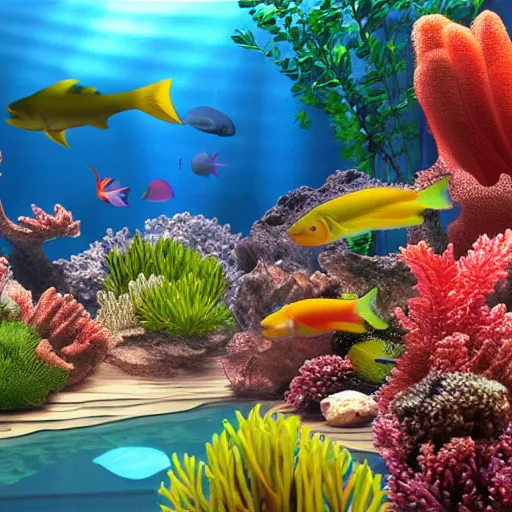 Image similar to realistic designed photo of the big modern room as aquarium with a beautiful fishes and corals, realistic colors, realistic shadows, daylight made by blender and cinema 4 d, 3 d