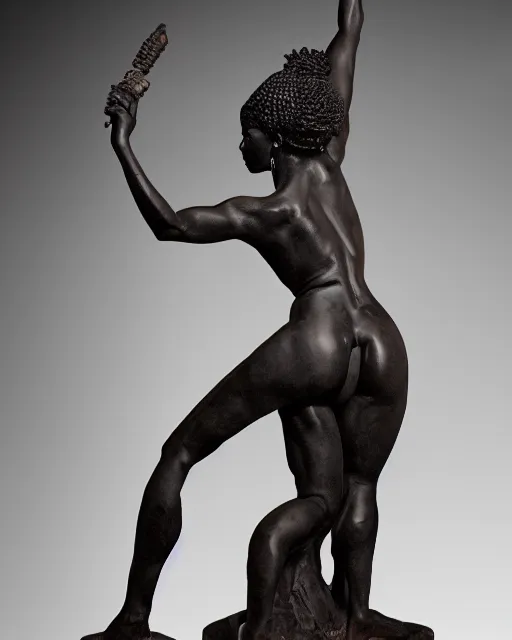 Prompt: a full figure rubber sculpture of a beautiful african warrior woman, by Michelangelo, dramatic lighting, wide angle lens