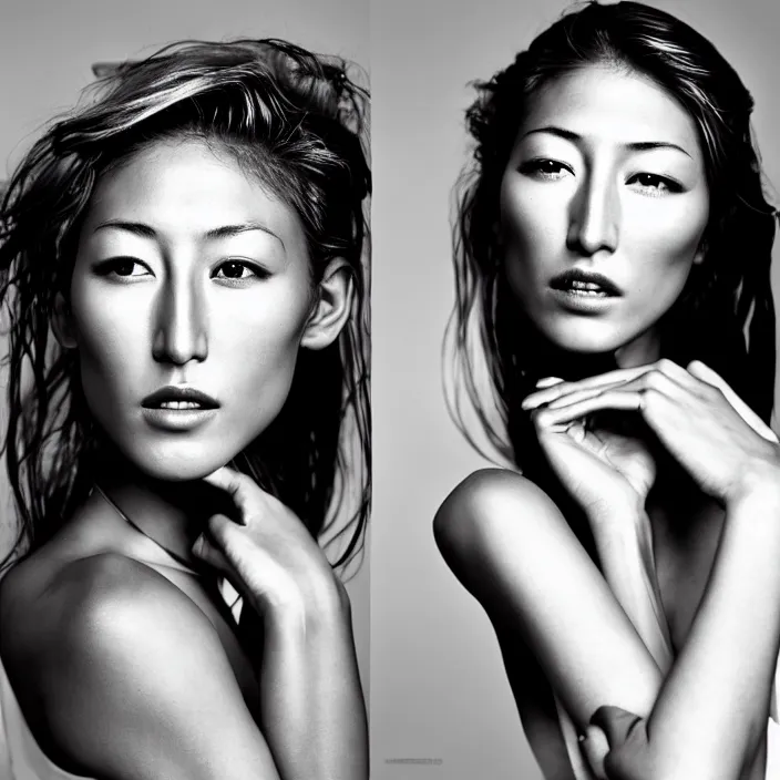 Image similar to young beautiful woman dichen lachman, gorgeous face, black and white photography portrait, skin grain detail, high fashion, full - body, 8 k,, ultra sharp focus, tropical background, photography by richard avedon, and paolo roversi and nick knight, and hellmut newton, victoria siemer, kirsty mitchell, laura zalenga