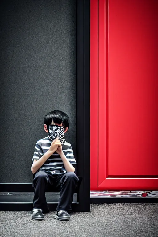 Image similar to boy with tomodachi mask sittin alone near black door. octopus, photorealistic, smooth, 4 k, aesthetic lighting, baroque object, hyperdetailed, professional photography, pullitzer winning, photo by : canon eos 5 d mark iv, by karah mew and adnan abidi